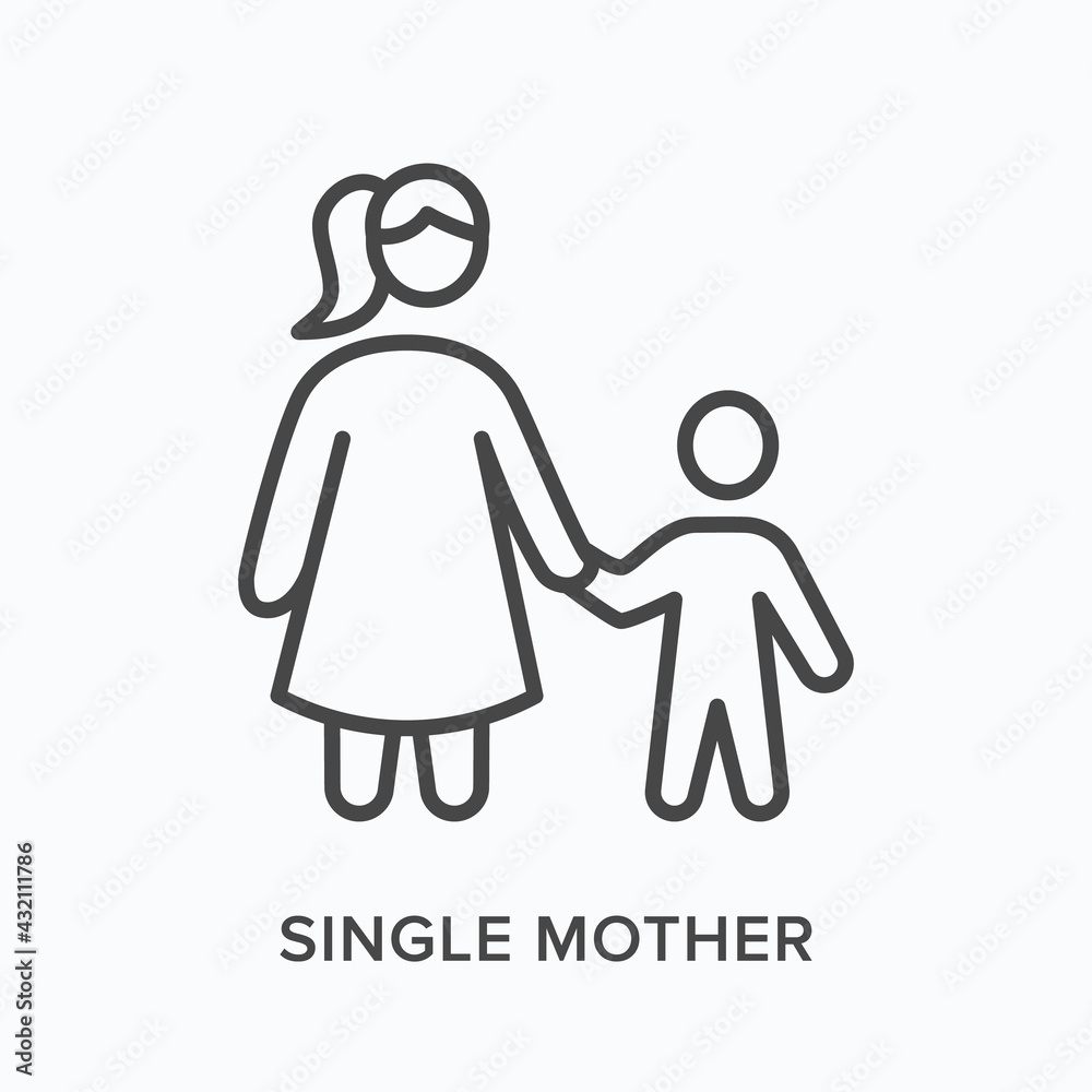 Obraz premium Single mother flat line icon. Vector outline illustration of woman and child. Black thin linear pictogram for motherhood