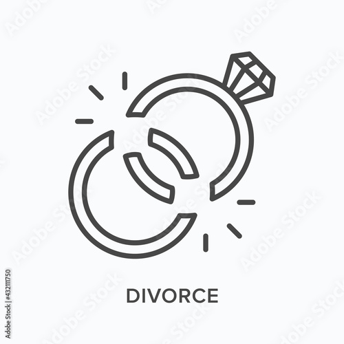 Divorce flat line icon. Vector outline illustration of two broken rings. Black thin linear pictogram for marriage break