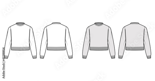 Fisherman cropped Sweater technical fashion illustration with rib crewneck, relax body, waist length, knit trim. Flat jumper apparel front, back, white grey color style. Women men unisex CAD mockup
