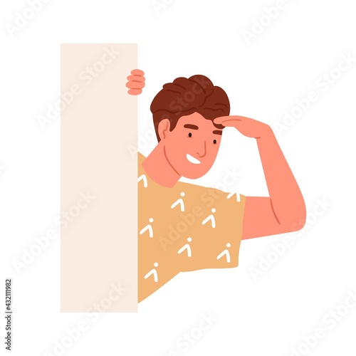 Happy curious person peeking from behind wall, peeping out and seeking for smth. Smiling man spying, monitoring and searching. Curiosity concept. Flat vector illustration isolated on white background