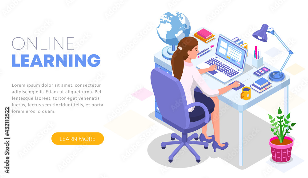 Modern flat design isometric concept of Online Learning. Landing page template. Student character sitting at desk and taking online courses. Can use for web banner, infographics, and website. Vector i