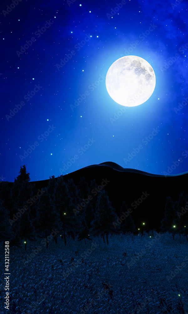Wide grasslands with pine trees and mountains alternate in background. Full moon night bright stars are filling the sky. Night mountain scenery with fireflies flying above the ground. 3D Rendering Wide grasslands with pine trees and mountains alternate in background. Full moon night bright stars are filling the sky. Night mountain scenery with fireflies flying above the ground. 3D Rendering