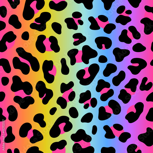 Rainbow leopard vector seamless pattern. Neon gradient