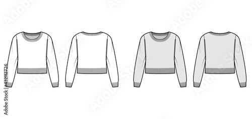 Round neck cropped Sweater technical fashion illustration with long sleeves, waist length, knit rib trim. Flat jumper apparel front, back, white, grey color style. Women men unisex CAD mockup