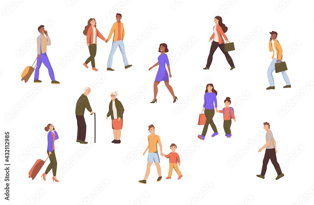 Set characters people walk down the street. A young man briefcase, suitcase, woman talking phone, couple, old people, father with boy and mother with daughter. Flat cartoon vector illustration. Set characters people walk down the street. A young man briefcase, suitcase, woman talking phone, couple, old people, father with boy and mother with daughter. Flat cartoon vector illustration.