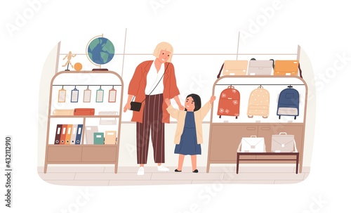 Mother and kid doing shopping, choosing schoolbag and preparing for first form. Back to school concept. Mom and girl in store with bags and stationery. Flat vector illustration isolated on white