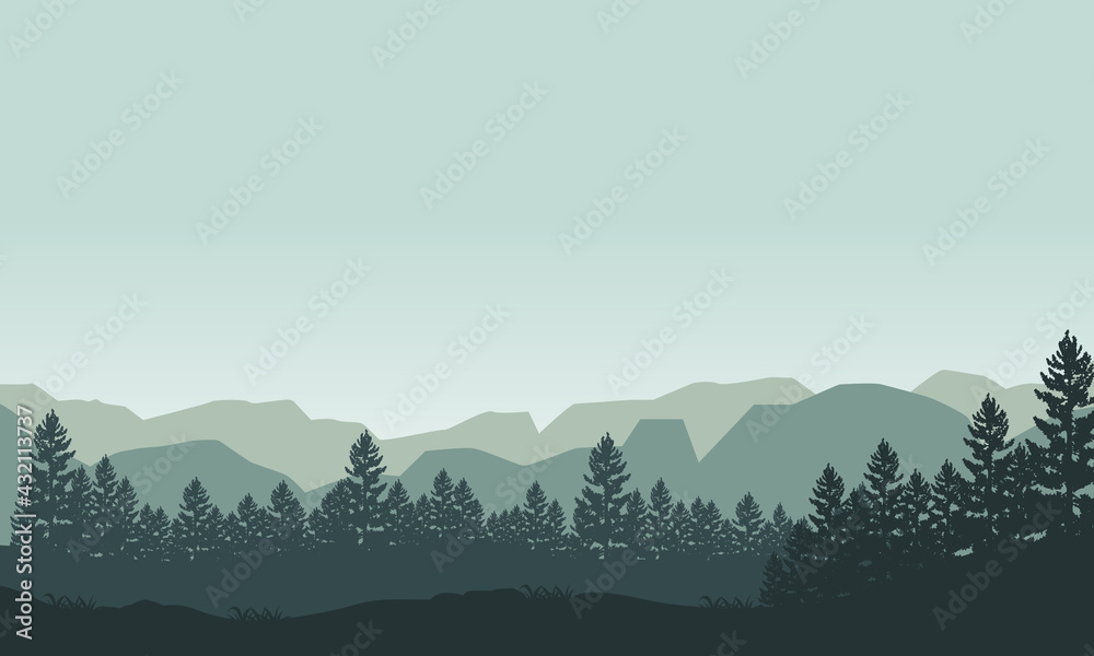 Mountain view with realistic jungle from the edge of the city at sunrise. Vector illustration