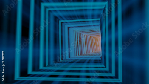 abstract teleport blue scifi background with squares and lines going towards light for product backgrounds or data visualizations