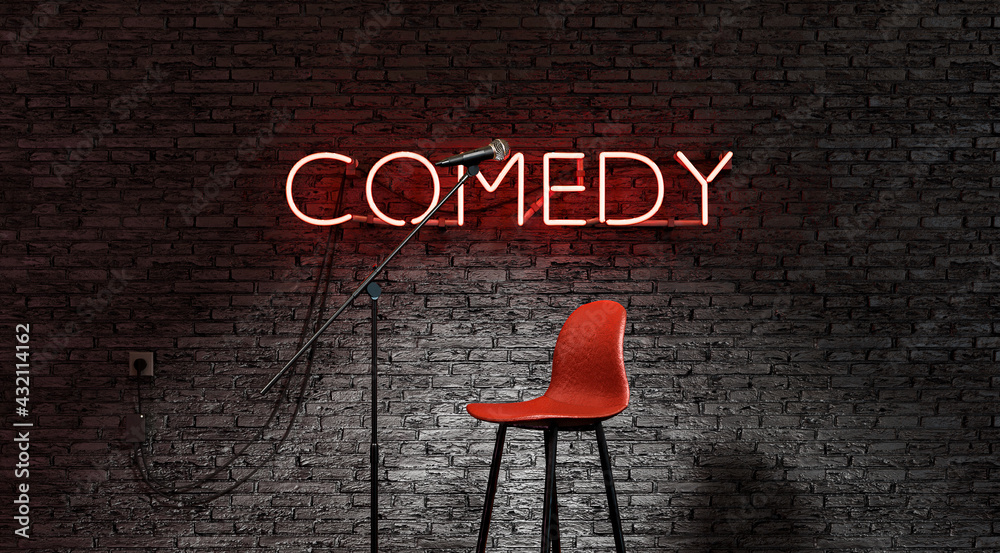 stage lit by a spotlight and a red neon lamp with the word COMEDY - obrazy, fototapety, plakaty 