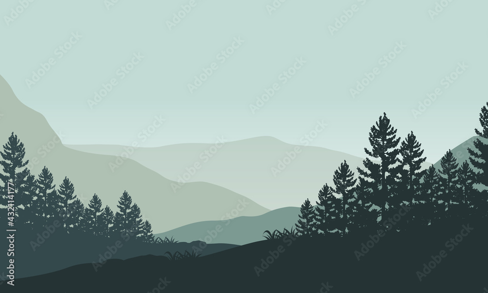 Fantastic view of the mountains from the edge of the city in the morning. Vector illustration