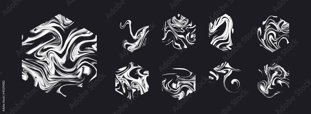 Set of liquid marble or smoke hexagon shapes. Abstract vector design elements.