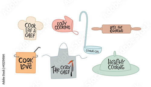 Cooking lettering sing set with kitchen tools. Vector stock illustration isolated on white background for print industry, home decor, web site online cooking course, class certificate, diploma. EPS10