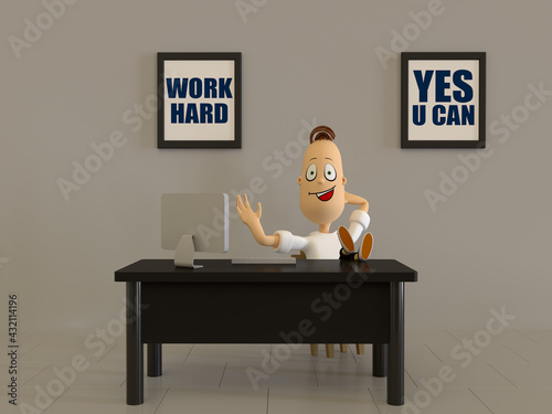 3D illustration of happy young man in office