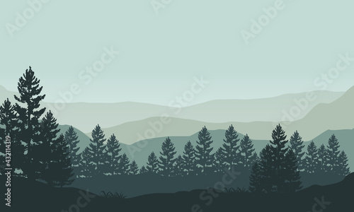 Magnificent view of the mountain silhouettes with the forest from the outskirts of the city in the morning. Vector illustration