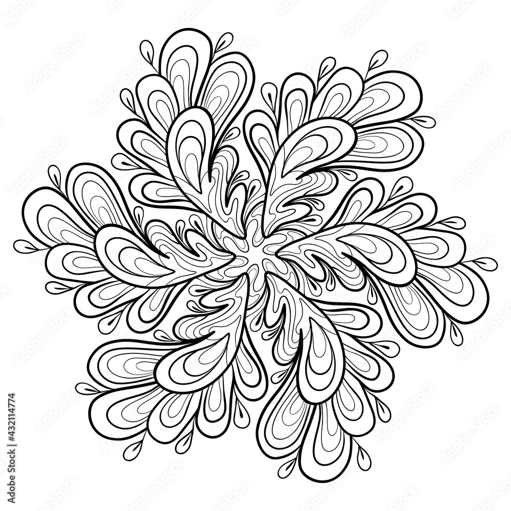Decorative doodle mandala with floral fantasy patterns on a white isolated background. For coloring book pages.