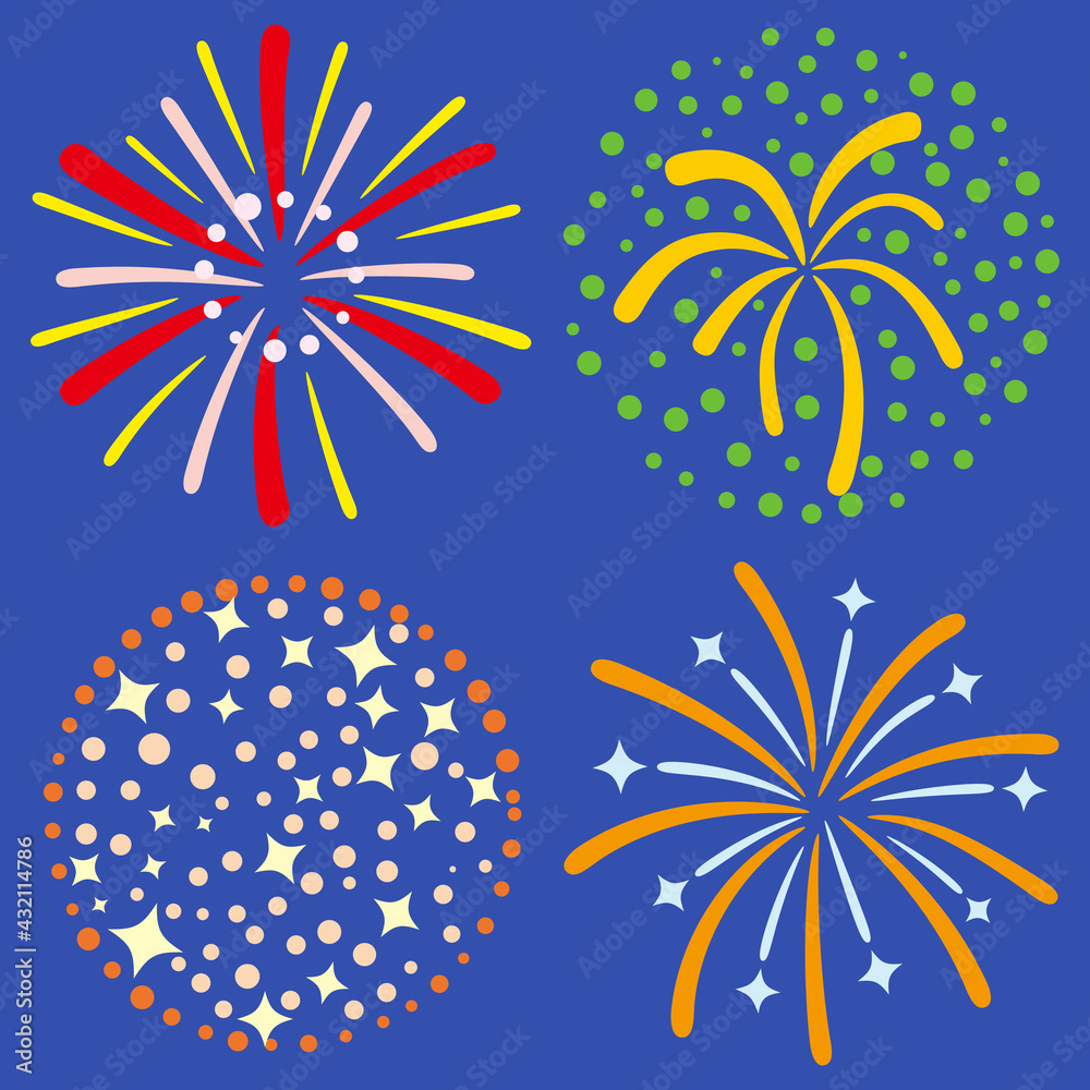 Four fireworks set 02- night blue color background, flat color, no gradation color