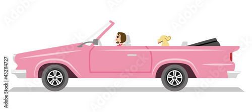 Pink long convertible car ,side view - Young woman and dog seated