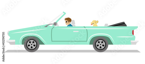 Mint blue color long convertible car ,side view - Young man and dog seated