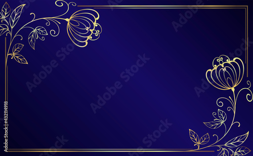 Abstract frame design. Gold floral pattern on a dark blue background.