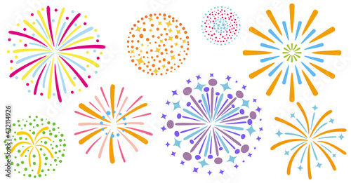 Eight fireworks set, random size - white color background, flat color, no gradation color