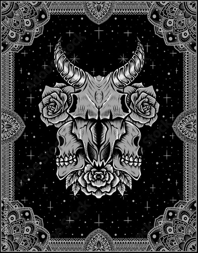 illustration vector goat skull head with rose flower ornament