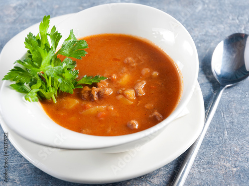 traditional Hungarian goulash soup in a white bowl