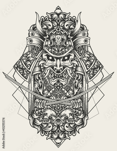 illustration vector samurai ornament head monochrome style