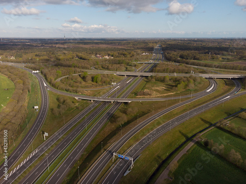 Empty highway A27 junction with A1 in the Netherlands, Aerial © MyStockVideo