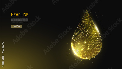 Oil droplet. Low poly style design. Futuristic modern abstract background. Isolated on dark background.  Wireframe drop light connection structure, 3d polygonal graphic concept. Vector illustration.
