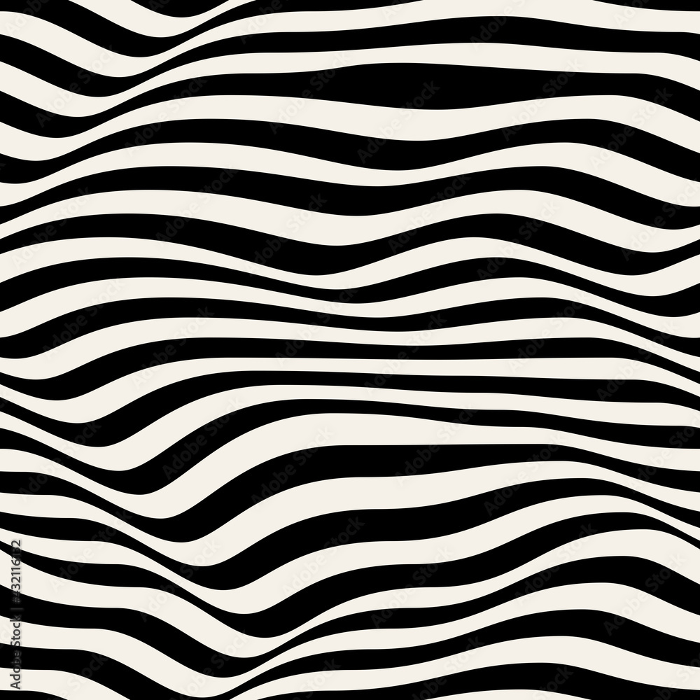 Obraz premium Vector seamless pattern. Abstract distorted striped texture with monochrome curved stripes. Creative wavy background. Decorative design with distortion effect. Can be used as swatch for illustrator. 