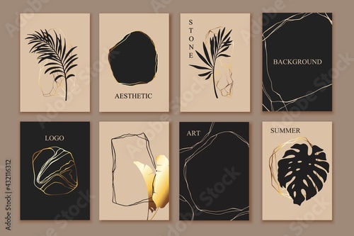 Abstract trendy universal backgrounds. Modern composition with marble, stones, exotic leaves. Golden texture.
