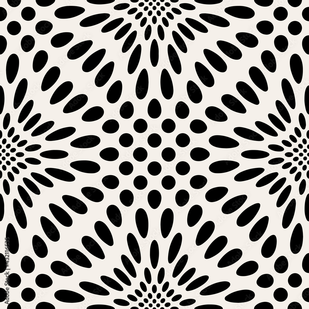Vector seamless pattern with optic illusion. Abstract distorted dotted texture. Monochrome warped surface. Creative op art background. Design with distortion. Can be used as swatch for illustrator. Vector seamless pattern with optic illusion. Abstract distorted dotted texture. Monochrome warped surface. Creative op art background. Design with distortion. Can be used as swatch for illustrator.