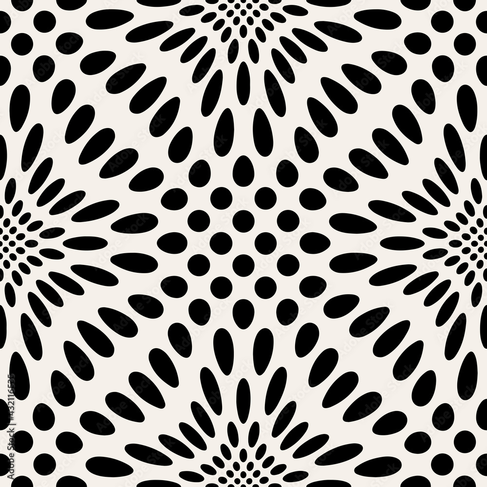 Vector seamless pattern with optic illusion. Abstract distorted dotted texture. Monochrome warped surface. Creative op art background. Design with distortion. Can be used as swatch for illustrator.