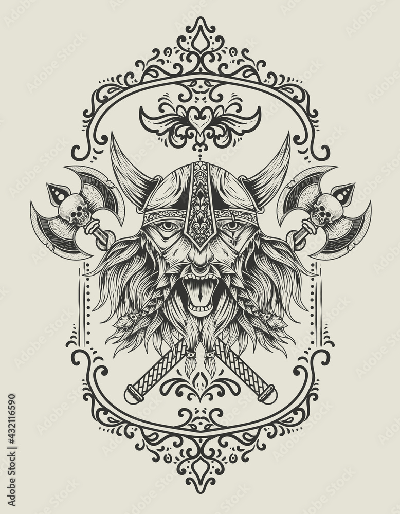 illustration vector viking head with two ax