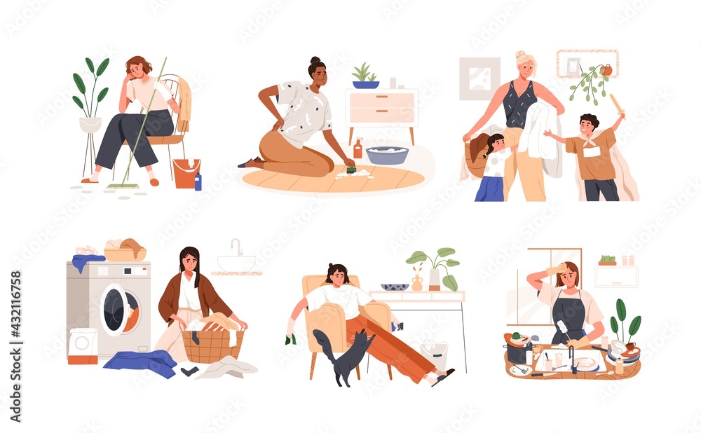 Set of sad unhappy women tired from housework. Busy overworked housewives exhausted from household duties and domestic chores. Colored flat graphic vector illustration isolated on white background