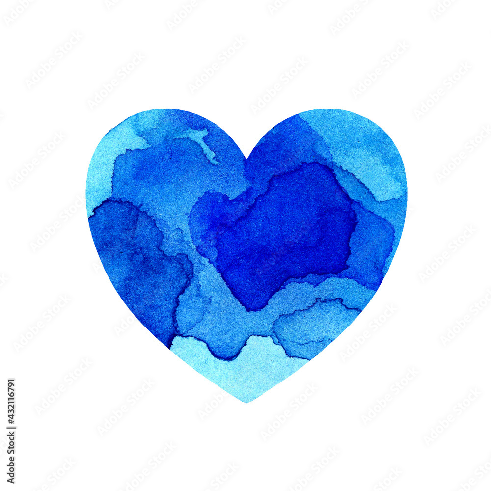 Watercolor illustration of a multicolored heart with spots and shades of blue paint. Holiday card for Valentine's Day, wedding, anniversary. Artistic design element isolated on white.