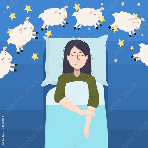 vector illustration of a young asian brunette woman falling asleep in her bed and counting sheep before going to bed