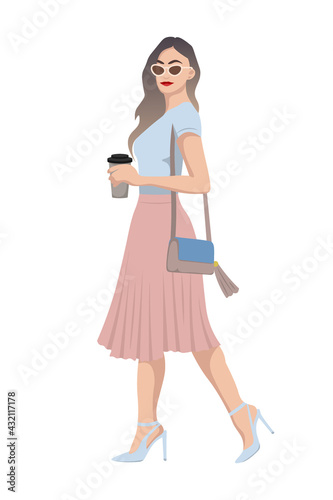 Women on high heels dressed in stylish trendy clothes - female fashion illustration