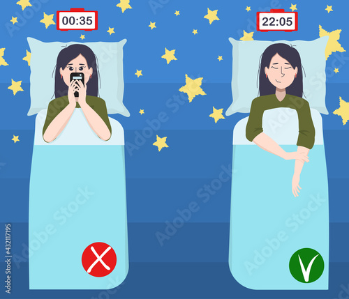 vector illustration of a young Asian brunette woman falling asleep in her bed with her phone. The concept of proper routine and healthy sleep