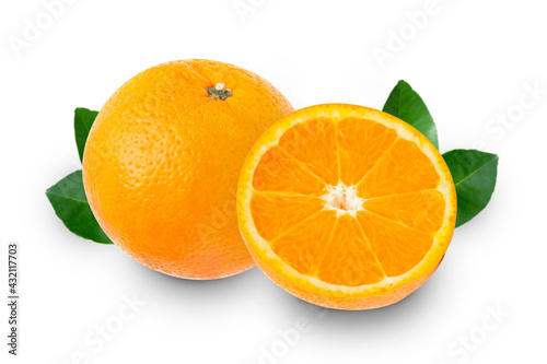 Fresh oranges fruit with half of orange and leaves isolated on white background