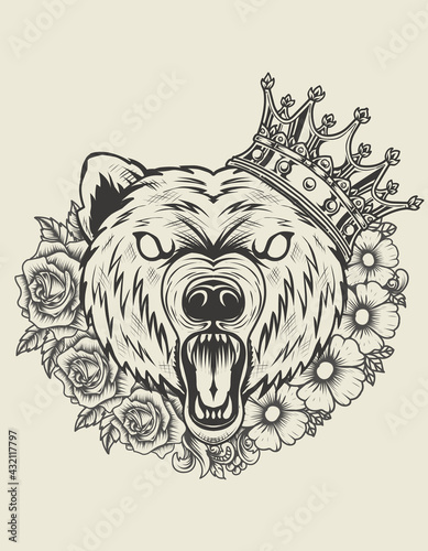 illustration angry bear head with flower ornament