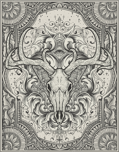 illustration deer skull with engraving ornament monochrome style