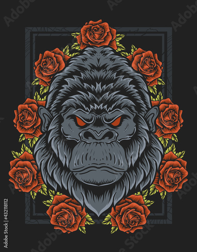 illustration vintage gorilla head with rose flower