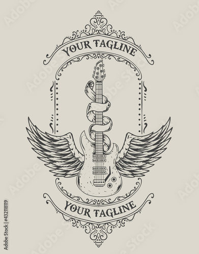illustration vintage guitar wings monochrome style