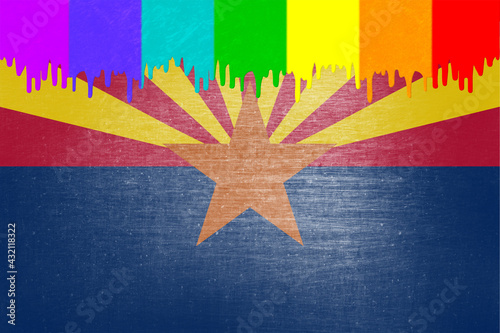 Paint (rainbow flag) is dripping over the state flag of Arizona