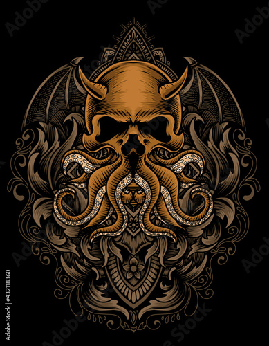 illustration skull octopus with vintage engraving ornament