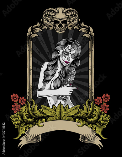 illustration sugar woman skull on vintage engraving ornament