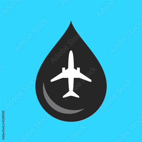 Black oil drop with airplane. Traveling environmental impact. Ecological transportation concept. Plane with drop of fuel icon. Fossil fuel kerosene. Greenhouse gas. Vector illustration, flat, clip art