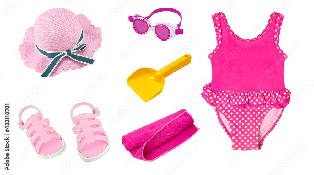Children's swimsuit for the beach and accessories isolated on white background Children's swimsuit for the beach and accessories isolated on white background