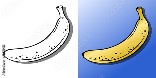 A set of two pictures of banana fruits in black and white and color with texture. Vector illustration
